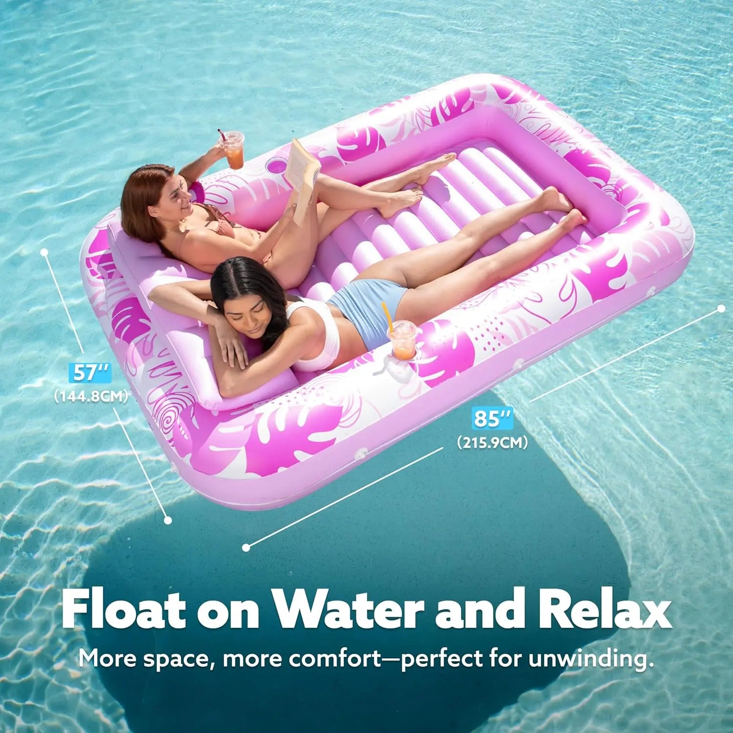 Sloosh-L/Xl Inflatable Tanning Pool Lounge Float with Cup Holder, 70“X46”/85″ X 57″ Extra Large Pool Floats Adult with Pillow, 4 in 1 Suntan Tub Raft Floatie, Sunbathing Bed Lounge for Water Blow up Kids Ball Pit Party Gifts, Inflatable Sofa Summervibes