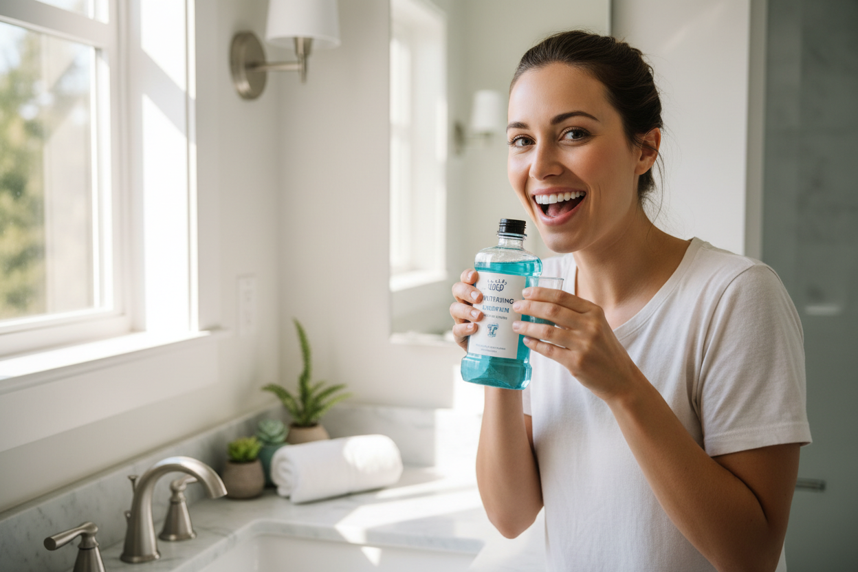 Woman with bright confident smile after using whitening mouthwash